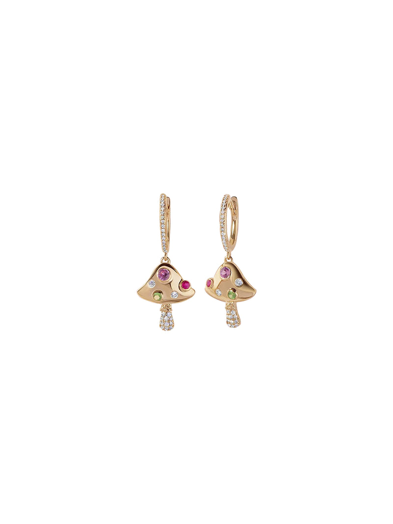 1.03cts Diamond Multi Gemstone 14K Gold Mushroom Dangle Drop Earrings